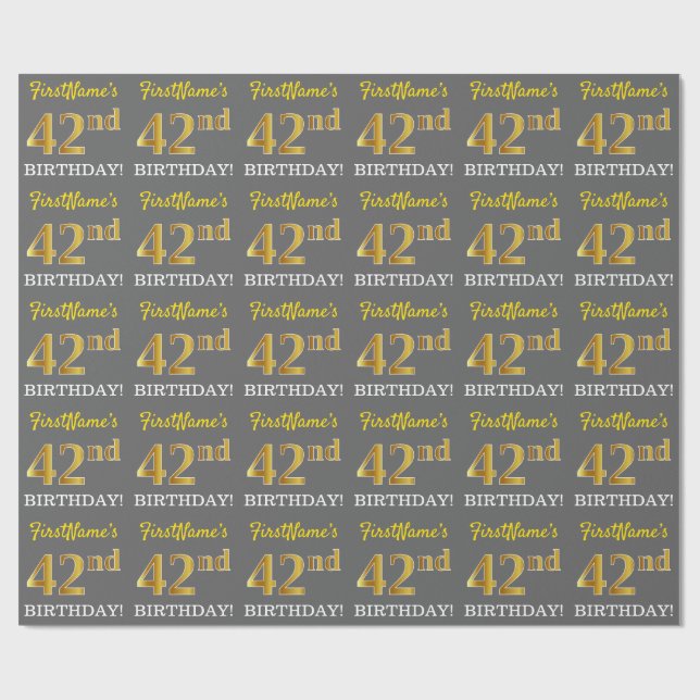 Papel De Regalo Gris, Imitation Gold Look "42nd BIRTHDAY" (Superficie plana)