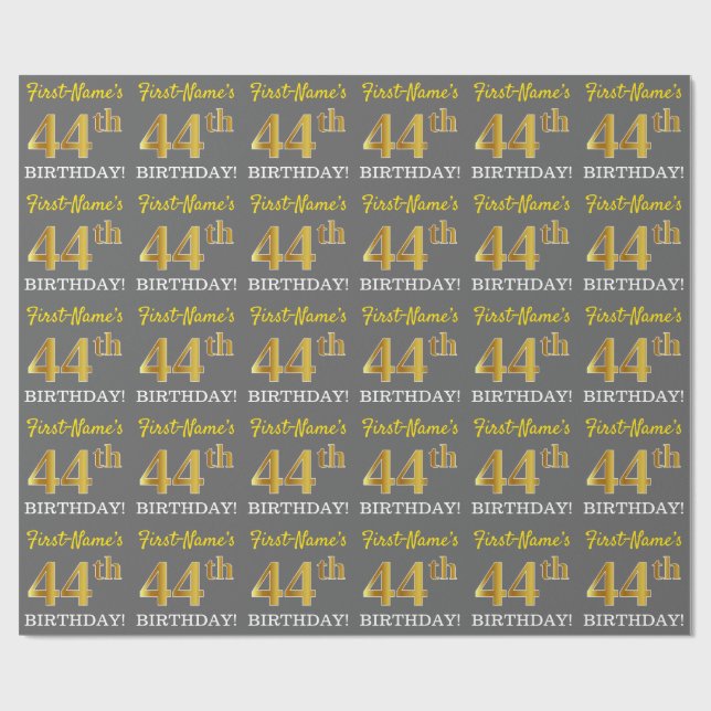 Papel De Regalo Gris, Imitation Gold Look "44th BIRTHDAY" (Superficie plana)