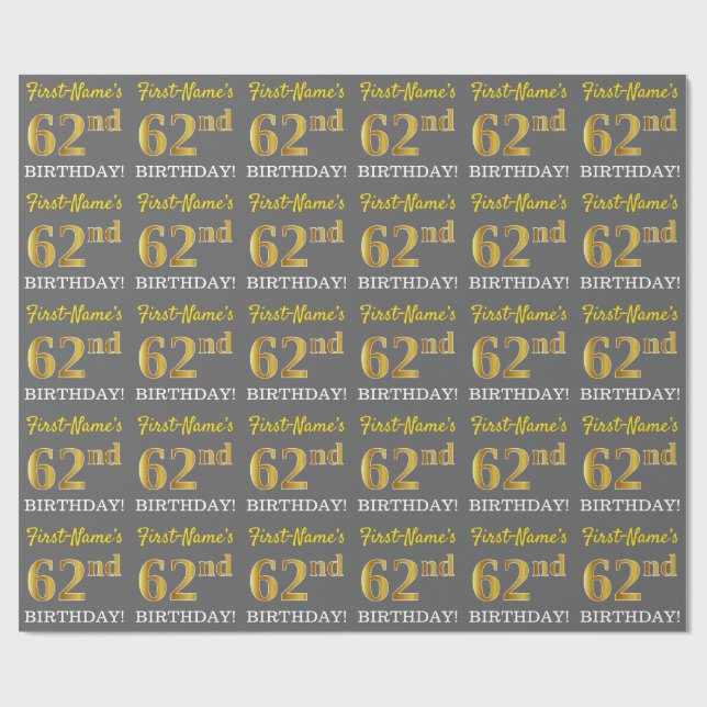Papel De Regalo Gris, Imitation Gold Look "62nd BIRTHDAY" (Superficie plana)