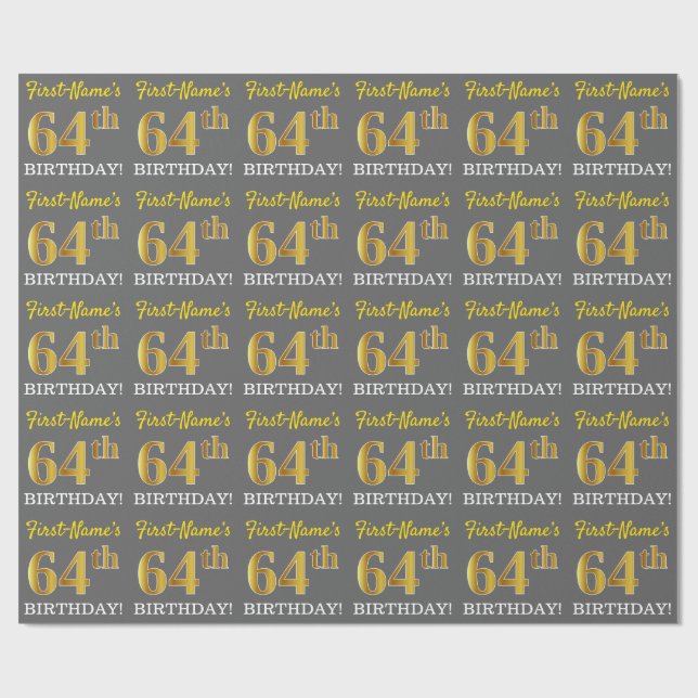 Papel De Regalo Gris, Imitation Gold Look "64th BIRTHDAY" (Superficie plana)