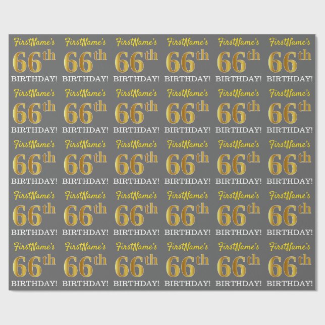 Papel De Regalo Gris, Imitation Gold Look "66th BIRTHDAY" (Superficie plana)