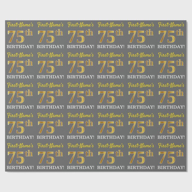 Papel De Regalo Gris, Imitation Gold Look "75th BIRTHDAY" (Superficie plana)