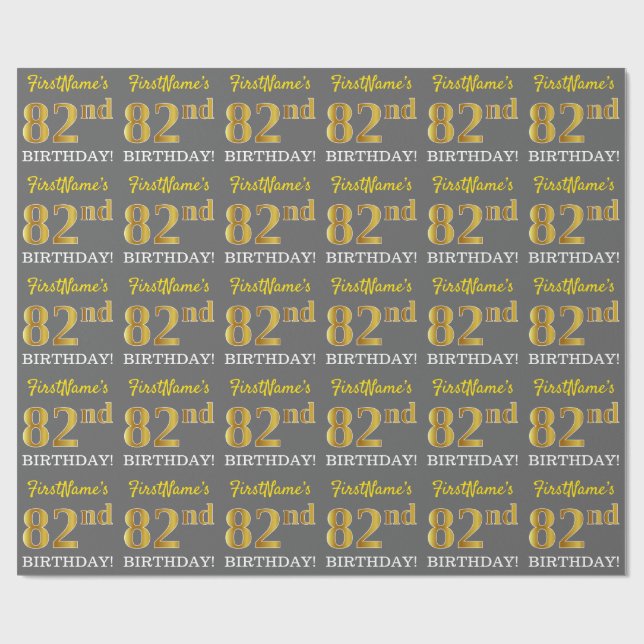 Papel De Regalo Gris, Imitation Gold Look "82nd BIRTHDAY" (Superficie plana)