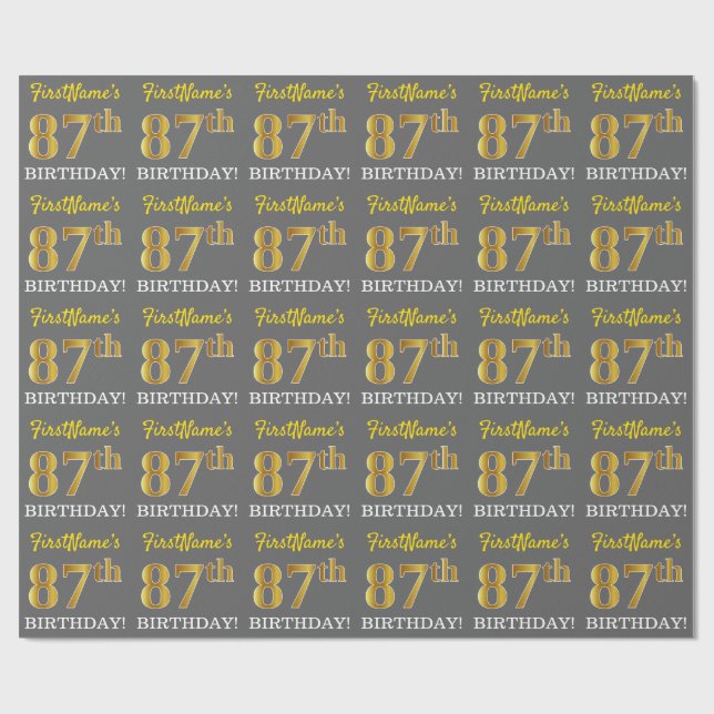 Papel De Regalo Gris, Imitation Gold Look "87th BIRTHDAY" (Superficie plana)