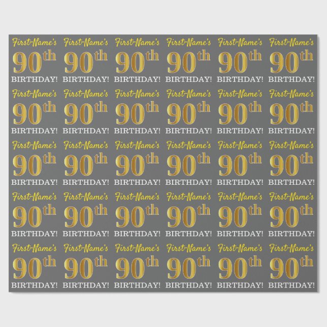Papel De Regalo Gris, Imitation Gold Look "90th BIRTHDAY" (Superficie plana)