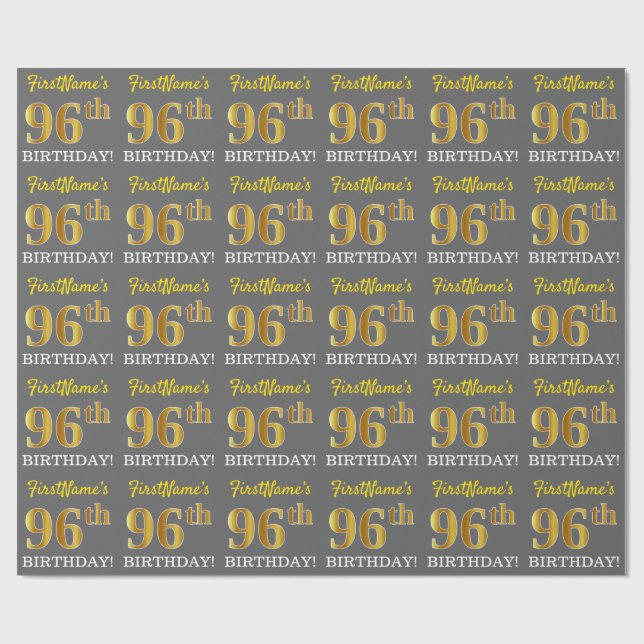 Papel De Regalo Gris, Imitation Gold Look "96th BIRTHDAY" (Superficie plana)