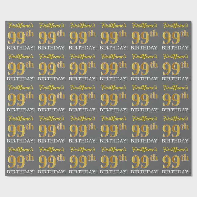 Papel De Regalo Gris, Imitation Gold Look "99th BIRTHDAY" (Superficie plana)