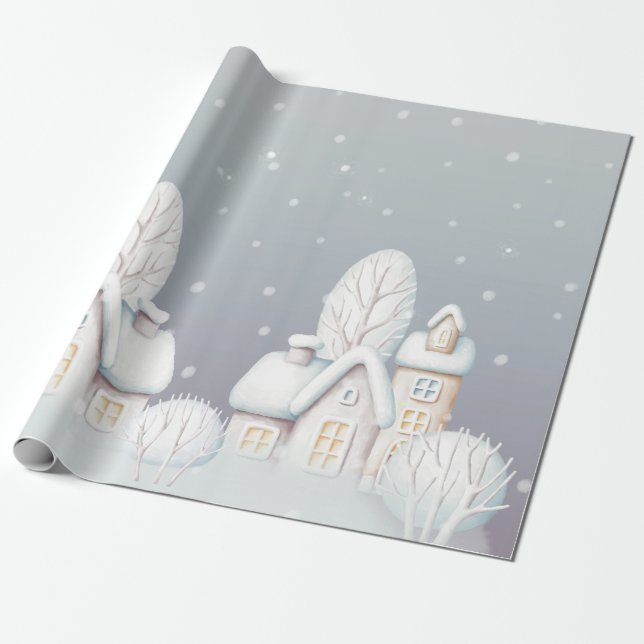Papel de regalo gris morado casa de nieve (Desenrollado)