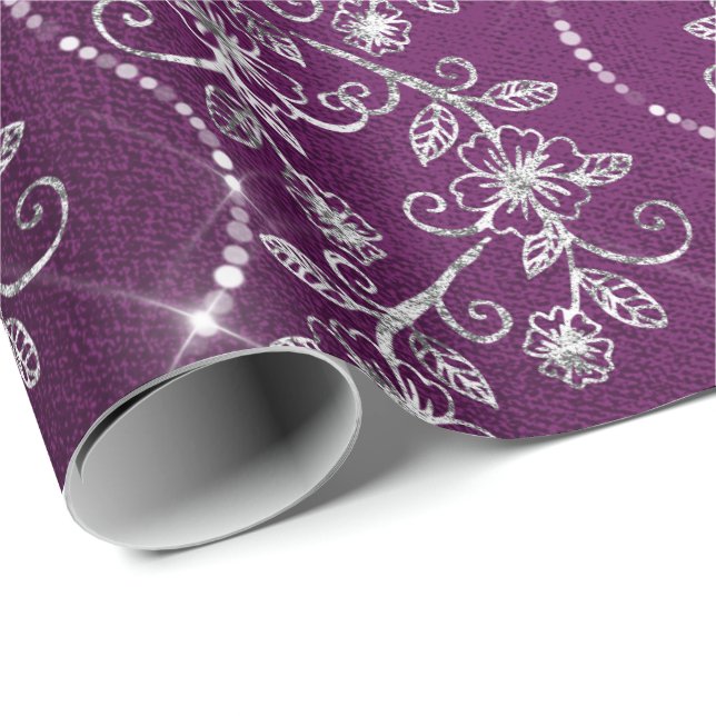 Papel De Regalo Gris morado floral de diamantes espárragos (Esquina del rollo)