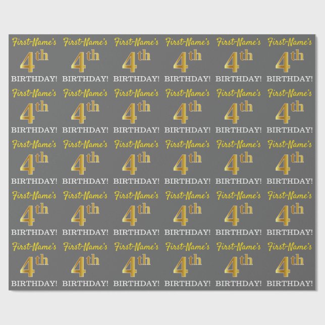 Papel De Regalo Gris, Oro de imitación "Cuarto cumpleaños" (Superficie plana)