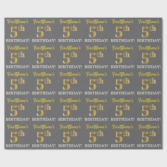 Papel De Regalo Gris, Oro de imitación "quinto cumpleaños" (Superficie plana)