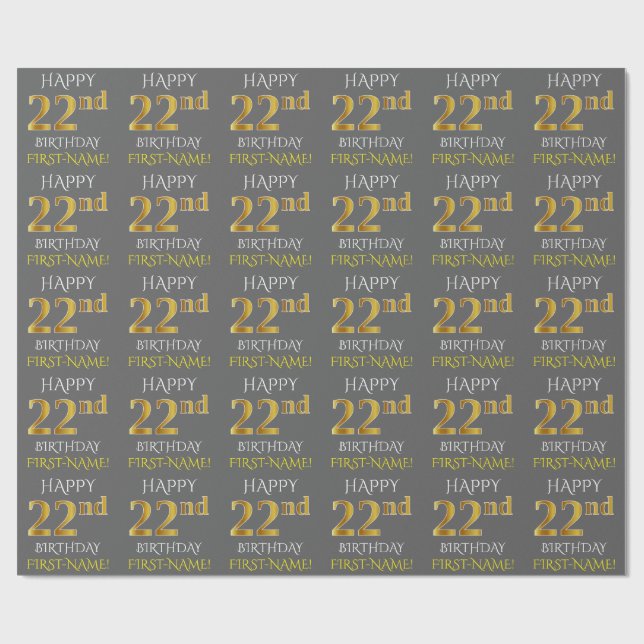 Papel De Regalo Gris, oro falso "FELIZ 22 DE CUMPLEAÑOS" (Superficie plana)