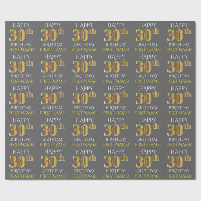 Papel De Regalo Gris, oro falso "FELIZ 30 cumpleaños" (Superficie plana)