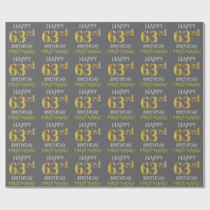 Papel De Regalo Gris, oro falso "FELIZ 63 cumpleaños"