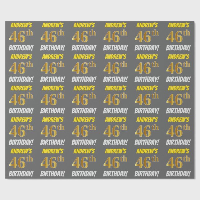 Papel De Regalo Gris, Oro Falso/Imitación, "46º CUMPLEAÑOS" (Superficie plana)