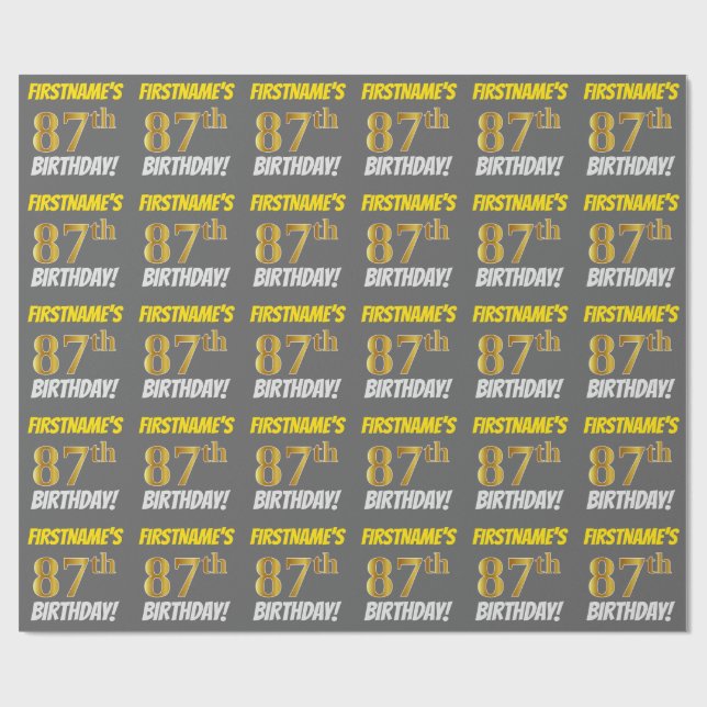 Papel De Regalo Gris, Oro Falso/Imitación, "87º CUMPLEAÑOS" (Superficie plana)