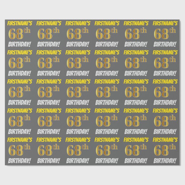 Papel De Regalo Gris, Oro Falso/Imitación, "CUMPLEAÑOS 68" (Superficie plana)