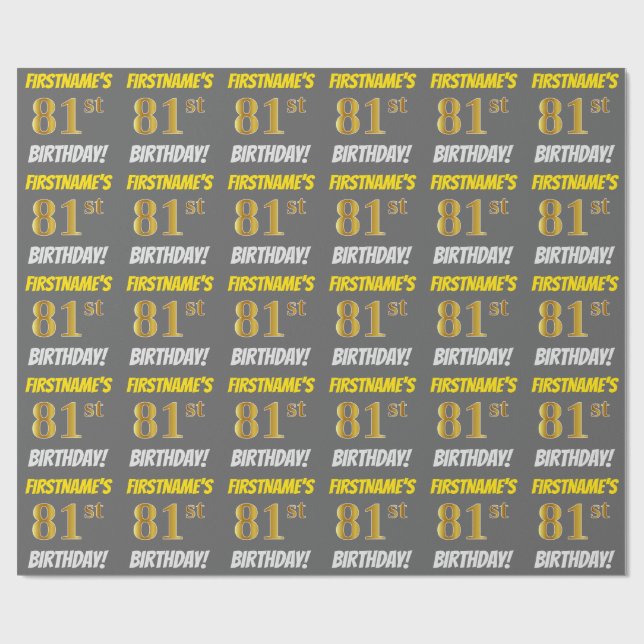 Papel De Regalo Gris, Oro Falso/Imitación, "CUMPLEAÑOS 81" (Superficie plana)