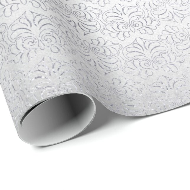 Papel De Regalo Gris plateado damasco floral rayas reales (Esquina del rollo)
