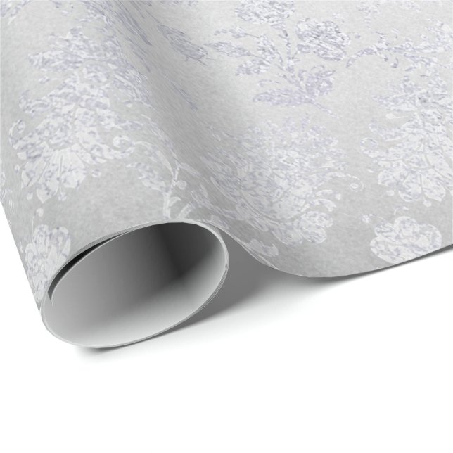 Papel De Regalo Gris plateado floral delicado monocromático metáli (Esquina del rollo)