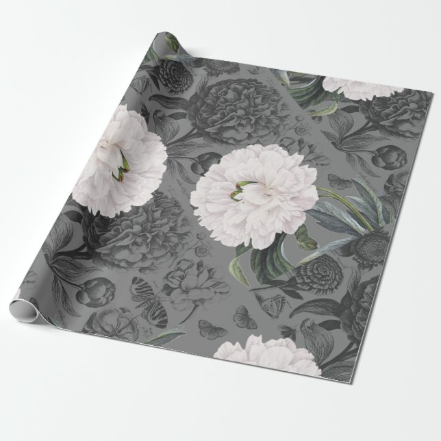 Papel De Regalo Gris romántico del Peony blanco (Desenrollado)