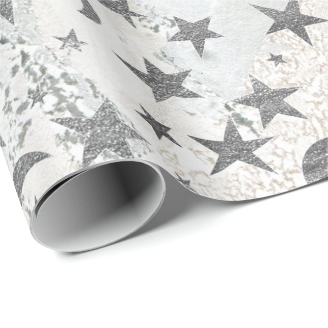 Papel De Regalo Gris Stars Moon Gold Sky Galaxia Mármol Gris Blanc (Esquina del rollo)