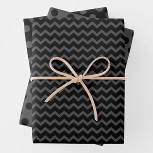 Papel de regalo gris y negro con múltiples patrone