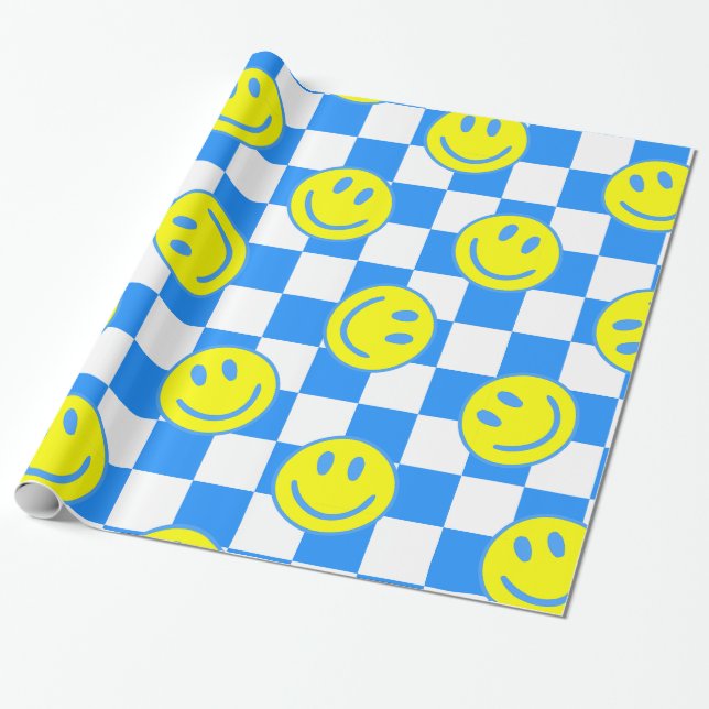 Papel De Regalo groovía de comprobación de cara azul feliz (Desenrollado)