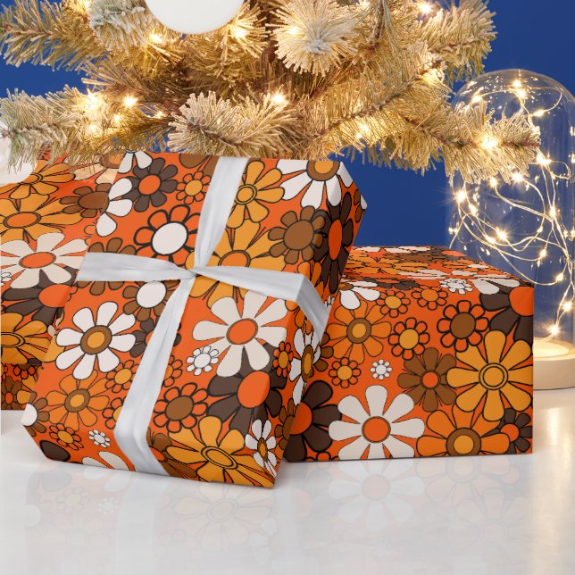 Papel De Regalo Groovy 70 Naranja retro floral y patrón marrón (Vacaciones)