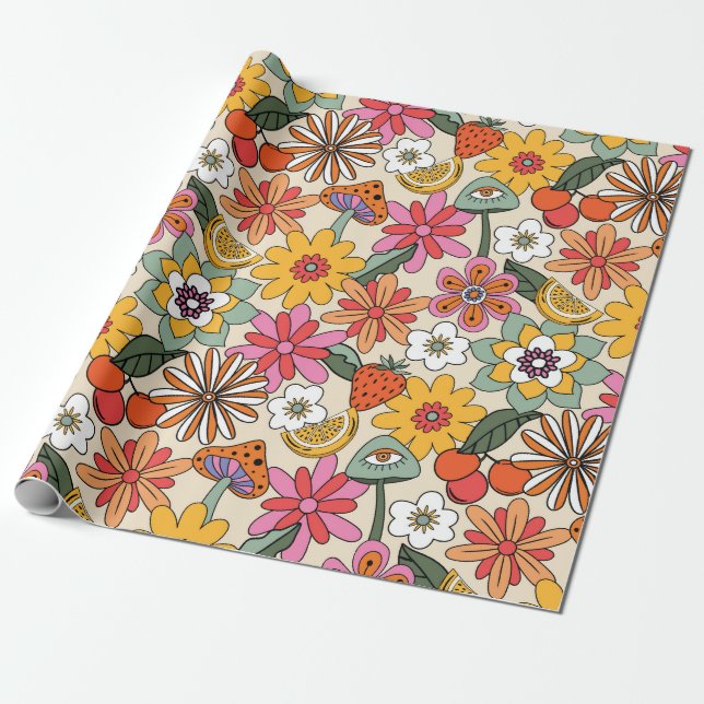Papel De Regalo Groovy 70's, Naranja, rosa y floral verde (Desenrollado)