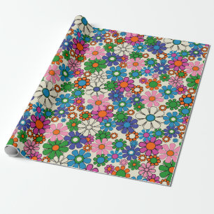 Papel De Regalo Groovy Colorful Retro 60 Modelo floral de los años