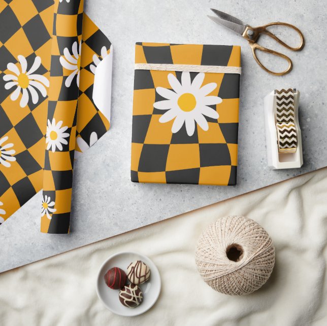 Papel De Regalo Groovy Daisy Floral Checkerboard, años 90 (Artesanía)