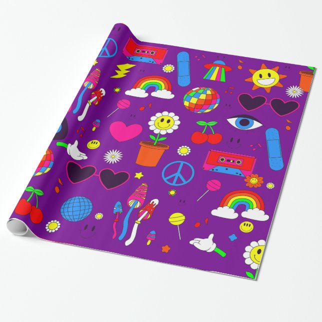 Papel De Regalo groovy disco daisy mushrooms morado (Desenrollado)