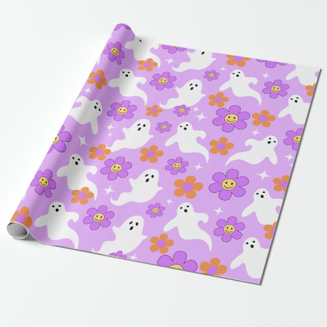 Papel De Regalo Groovy Halloween Retro Spooky Design (Desenrollado)