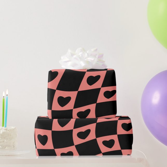 Papel De Regalo Groovy Heart Shape Checkerboard, Wrappin Y2K 90s (Regalos de fiesta)
