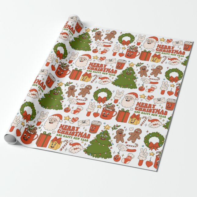 Papel De Regalo Groovy Hippie Retro Merry Christmas Santa Funny (Desenrollado)