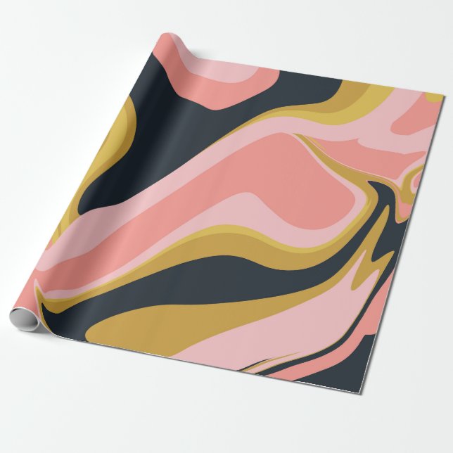 Papel De Regalo Groovy Marbel Pink Mustard Swirl Retro 60 (Desenrollado)