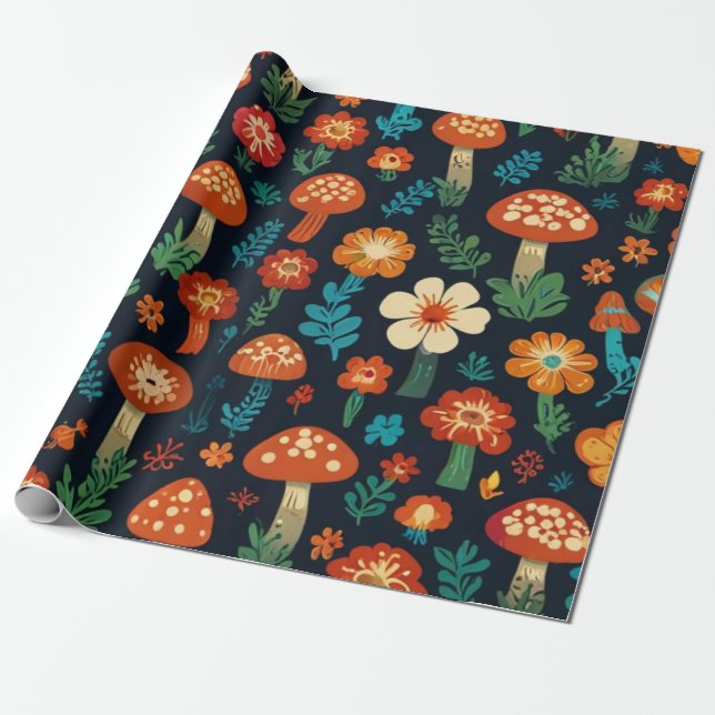 Papel De Regalo Groovy Mushroom & Flower Pattern (Desenrollado)