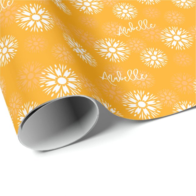 Papel De Regalo Groovy Naranja Daisy Flower Retro Floral Nombre (Esquina del rollo)