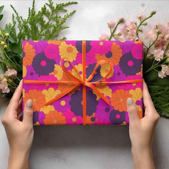 Papel De Regalo Groovy poder de flores hippie morado y rosa (Subido por el creador)
