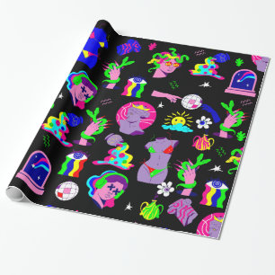 Papel De Regalo groovy psicodélico medusa disco negro