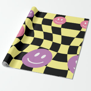 Papel De Regalo Groovy psicodélico Retro Smiley Checkerboard,