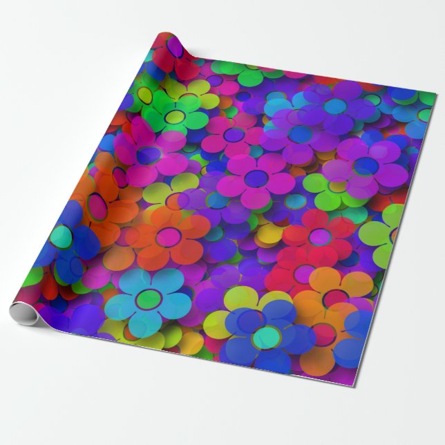 Papel De Regalo Groovy Rainbow Flowers Purple (Desenrollado)