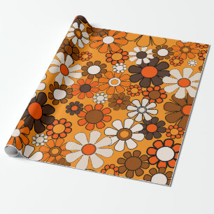 Papel De Regalo Groovy Retro 70 Patrón floral Naranja de cosecha