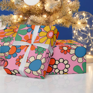 Papel De Regalo Groovy Retro Colorido Patrón Floral de los años 70