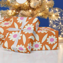 Papel De Regalo Groovy Retro Daisies Patrón floral en naranja   