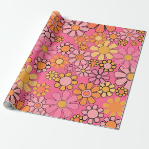 Papel De Regalo Groovy Retro Floral Patrón 60 70 Rosa