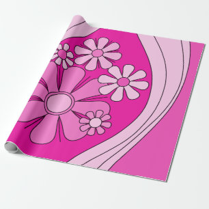 Papel De Regalo Groovy Retro Preppy Floral de cosecha rosa calient