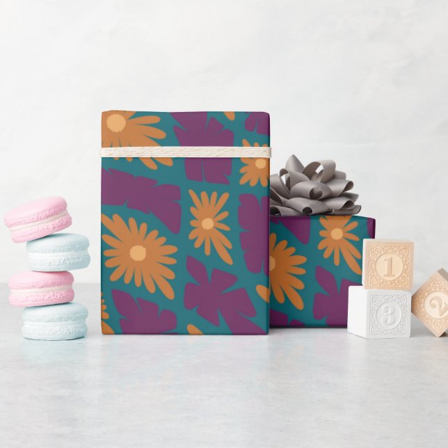 Papel De Regalo Groovy Wavy Trippy Naranja Cheques de flores de 60 (Baby Shower)