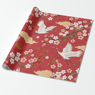 Papel De Regalo Grulla coronada roja patrón Sakura (2)